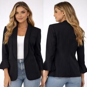 Womens Black Blazer Size Large Statement Ruffle Sleeves Built In Shoulders